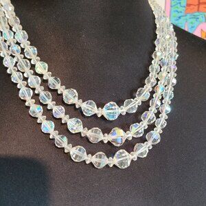 Mid-Century Triple Strand Austrian Aurora Borealis Faceted Crystal Necklace 18"